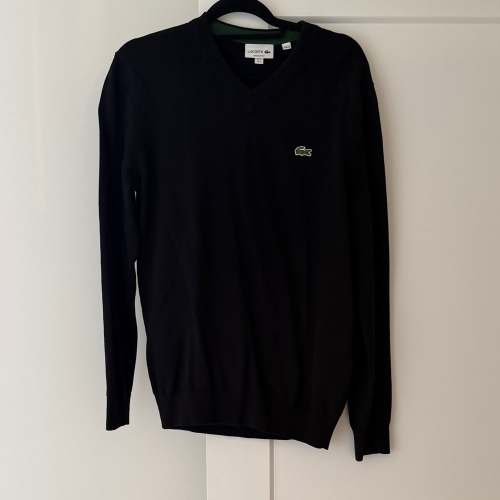 Lacoste Men's Black V-Neck Sweater with Green Crocodile Logo
